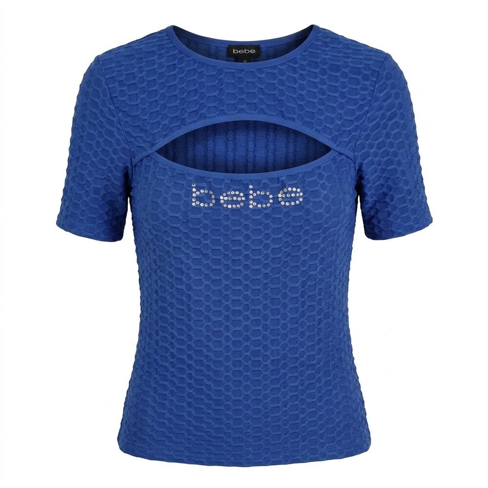 bebe Blue Rhinestone Logo Chest Cutout Puckered Knit Top Women Size L